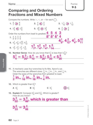 Comparing and ordering fractions and mixed numbers practice 9 5 Name Practice 9 5 Comparing And Ordering Fractions And 9 5 Ans Pdfname Pearson Education Inc 5 62 Topic 9 Comparing And Ordering Fractions And Mixed Numbers Compare The Numbers