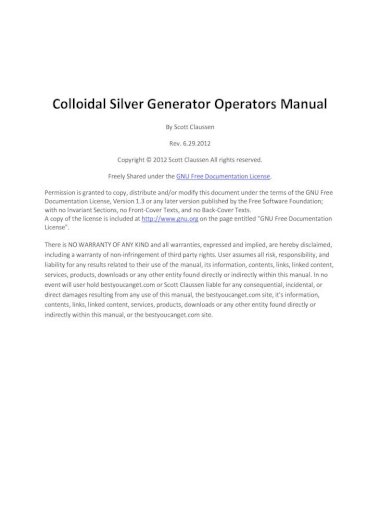 Colloidal Silver Generator Operators Manual