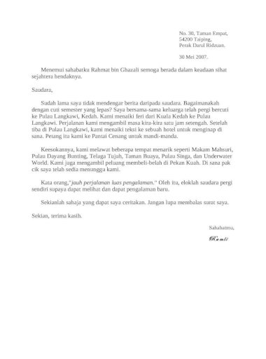 Surat Tidak Rasmi Pengalaman Bercuti Letter 7saudara Com