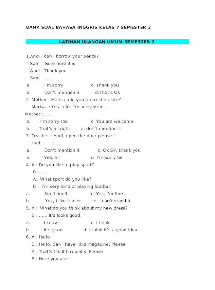 Printable Kisikisi Soal Ujian Bahasa Inggris Kelas 7